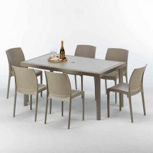 Grand Soleil Table rectangulaire et 6 chaises Poly rotin resine ensemble bar cafè exterieur 150x90 Beige | Boheme Beige Juta