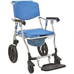 Identités Chaise douche mobile pliante Minorque, Confortable, Chaise À Roulette, Repose-Pied, Pot Amovible, Pliable à Plat, Aluminium, Poids 9,9 kg, Poids Max 125 kg.