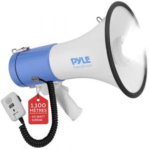 Pyle Haut-Parleur Mégaphone Portable- Mégaphone Porte-Voix Compact de 50 W avec Lampe de Poche LED-Sirène d'Alarme-Volume Réglable- Microphone Détachable-Alimenté par Pile
