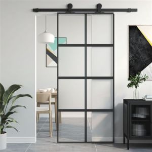 VidaXL Porte Coulissante, Porte de Grange, Porte Intérieur, Porte de Chambre à Coucher Cuisine Entrée, Noir 90x205 cm Verre Trempé Aluminium