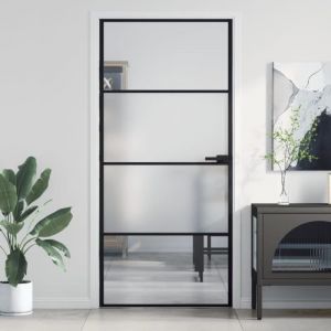 VidaXL Porte Intérieure Mince, Porte Intérieure Moderne, Porte Vitrée, Porte de Chambre, Porte de Salle de Bain Maison, Noir 93x201,5 cm Verre Trempé Aluminium