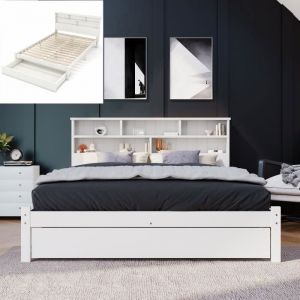 Lit double adulte 140 x 200 cm Bois massif Tiroir et Biblioth&egrave;que Sommier &agrave; lattes inclus Style contemporain Blanc
