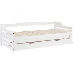 D&eacute;coshop26 Lit gigogne enfant avec sommier &agrave; lattes 90x200 en bois blanc avec tiroir de rangement LIT06250