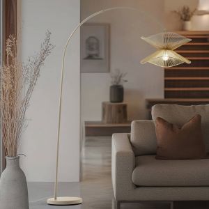 Lindby lampadaire arqué Valdorin, beige, papier, 195 cm, IP20