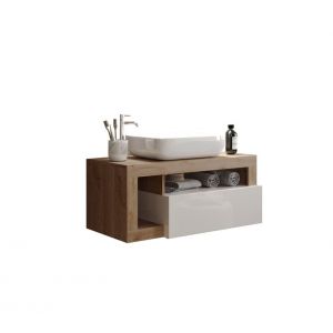 Meuble suspendu NAPOLI - 1 tiroir - 79 x 47 x 49 cm - blanc brillant et bois