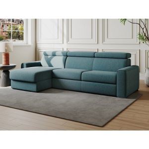 Canap&eacute; d'angle r&eacute;versible convertible express en tissu bleu - Couchage 160 cm - Matelas 22 cm m&eacute;moire de forme - VIZIR