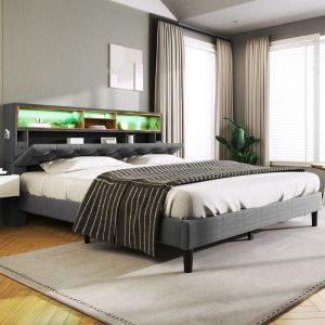 Lit double rembourr&eacute; en lin - avec LED et espace de rangement - 140x200cm - Gris