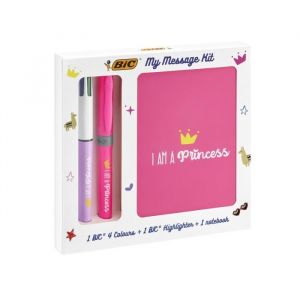 Image de Bic My Message Kit I Am a Princess - Kit de Papeterie avec 1 Stylo-Bille 4 Couleurs/1 Surligneur Highlighter Grip Rose/1 Carnet de Notes A6 Blanc, Pack de 3