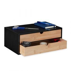 Relaxdays Organiseur à tiroirs, Bambou & MDF, 2 Compartiments, HxLxP : env. 14 x 33 x 21 cm, pour Bureau, Noir - Nature