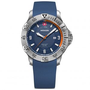 Wenger Montre pour Homme Seaforce Analogique Quartz, Ø 43 mm, Swiss Made, Étanche jusqu'à 200 m, Orange/Bleu, Bracelet en Silicone Bleu, 01.0641.140
