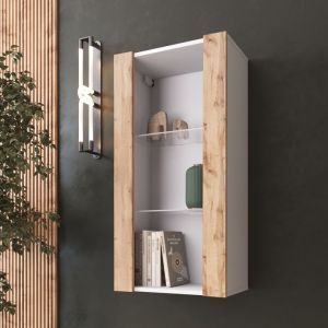 Komodee - Vitrine Suspendue Tivoli Vertical 100, Blanc/Wotan, Sans led Largeur 100cm x Hauteur 50cm x Profondeur 29,5cm, 2 étagères en verre, pour