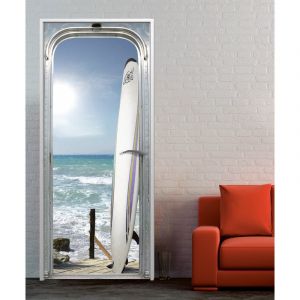 Plage Sticker porte, trompe l'oeil planche sur ponton front de mer sous un ciel radieux, 204 cm X 60 cm