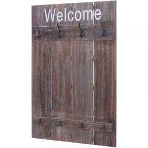 D&eacute;coshop26 Porte-manteau mural panneau Welcome style vintage 8 crochets 91 par 60 marron naturel