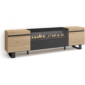 Skraut Home - Meuble TV | Banc Télé, 200x57x35cm, Pour TV jusqu'à 80", Cheminée électrique, Design industriel, Chêne et noir,