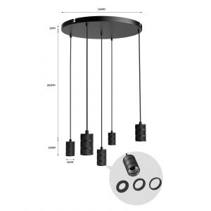 Calex | Pendel | Ø500mm plafondplaat | Zwart | 5xE27 fitting | 2M snoer