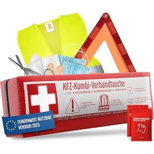 Car combi bag (3 en 1) selon la norme actuelle 2026 - y compris triangle de signalisation, gilet de s&eacute;curit&eacute; - kit de premiers secours triangle de signalisation set kit de premiers secours voiture DIN 13164:2022 (conform&eacute;ment au code de la route allemand)