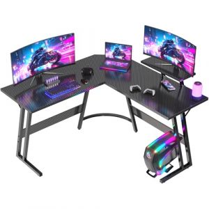 JUMMICO Bureau Gaming en L 120x120cm - Bureau d'angle avec Support Écran Réversible - Polyvalent (Jeu/Travail/Étude) - Stabilité Maximale & Nettoyage Facil - Revêtement Carbone - Noir