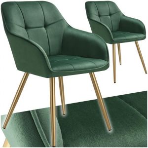 TecTake Lot 2 chaises de salle à manger avec aspect velours capitonné vert/or
