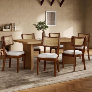 Lot de 6 chaises de salle à manger - Dossier en rotin - Tissu de lin - Bois massif - Marron