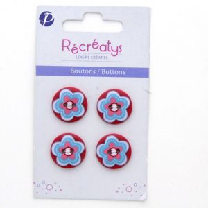 R&eacute;cr&eacute;atys 7123 18 25 Sachet de 4 Boutons de Customisation Imprim&eacute; Fleur Bleu/Rose Nylon Rouge 18 mm
