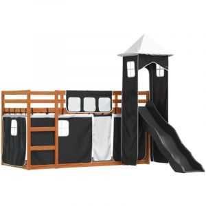 VidaXL Lit Superposé Avec Toboggan Et Rideaux Blanc Et Noir 90x200 Cm
