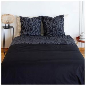 Parure de lit - COTE DECO - 220x240 cm - Housse de couette z&egrave;bre r&eacute;versible - 2 taies 63x63 cm - 100% Coton Noir