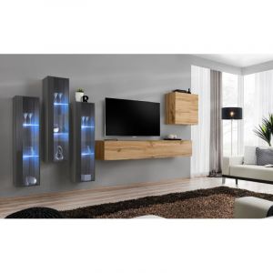 Meuble TV Mural Design " XIII" 330cm Naturel & Gris Prix