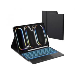 Etui Clavier pour iPad Pro 11 M4 2024 avec Pav&eacute; Tactile R&eacute;tro&eacute;clair&eacute; 7 Couleurs Coque de Protection en Cuir PU et TPU QWERTZ Noir
