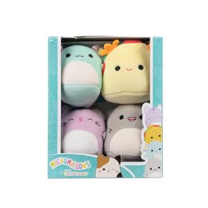Micromallows Squishmallows Original Lot de 4 Paquets Irina Axolotl, Chat Tabitha, Tex Taco, Requin Gordon