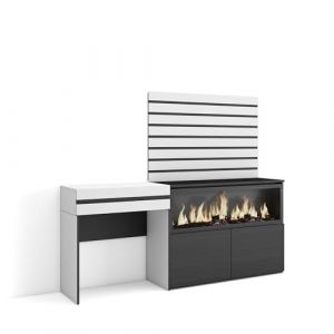 Skraut Home | Coiffeuse | Table Maquillage, Rangement | 177x145x35 cm | avec tiroir | Cheminée électrique XXL | Panneaux Muraux en Bois | Style Moderne | Blanc