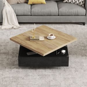 Table basse carr&eacute;e pivotante - 70x70x36cm - 1 tiroir - Plateau pivotant &agrave; 360&deg; - Structure double couche - Finition brillante - Noir+naturel