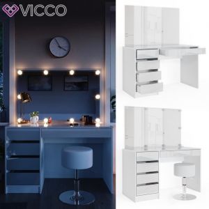 Vicco - Coiffeuse "Sherry" Blanc brillant avec banc et éclairage led