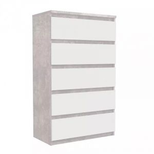 Grande commode 5 tiroirs blanc et décor béton gris clair - benny
