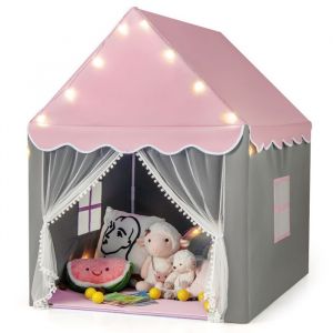 COSTWAY Tente de Jeux pour Enfants avec Lumi&egrave;res &Eacute;toiles & Tapis Lavable en Coton, Cabane Enfant Interieur avec Rideau & 2 Fen&ecirc;tres, Ch&acirc;teau de