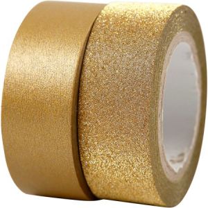 Creotime Assortiment Masking tape Or - Métallisé et pailleté - 15 mm x 7 m - 2 pcs