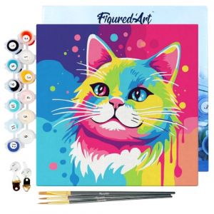 Figured'Art Mini Peinture par Numéro Adulte 20x20cm avec cadre Chat Abstrait Pop Art - Petit Format Kit de Loisir Créatif