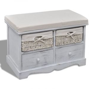 Image de Banquette pouf tabouret meuble banc de rangement blanc en bois avec 2 paniers de tissage et 2 tiroirs 3002061