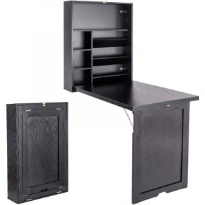 COSTWAY Table Murale Rabattable Bureau Mural Pliable Gain de Place avec Ardoise de Rangement Etagère Intégrée en MDF Noir 82x16x60CM