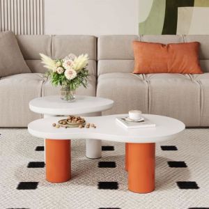 Image de Lot de 2 tables basses, table basse nuage et feuille, plateau en mdf peint et pieds en pvc, blanche et orange