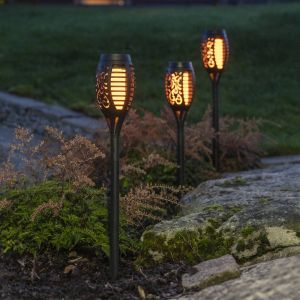 Kit de bornes solaires Flame Mini, 3 pièces, noir, led, capteur crépusculaire, jaune, effet scintillant, extérieur, 40 cm - Star Trading