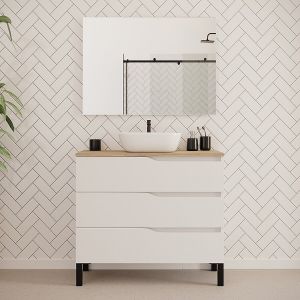 Meuble de salle de bain 100cm avec plateau miel et vasque à poser zeus - 3 tiroirs - blanc - MATA