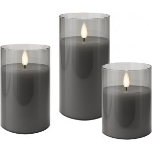 Goobay Lot de 3 bougies LED en cire véritable dans un verre, gris-transparent - avec fonction minuterie et cône de flamme 3D, à piles, blanc chaud (2700 K)