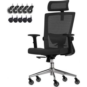 LifeGoods Chaise de bureau ergonomique - avec roulettes anti-rayures supplémentaires - Chaise de bureau - certifiée NEN et SGS - Adultes - Appui-tête - Noir/Chrome