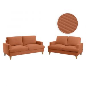 Image de Loungitude Ensemble canapés droits TALMA 3 + 2 places en velours côtelé terracotta pieds bois naturel