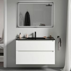 Bernstein Meuble de salle de bain suspendu bois laqué, meuble vasque noire 2 tiroirs soft-close - Garantie 5 ans - 64x101x47cm - vireo -Blanc mat