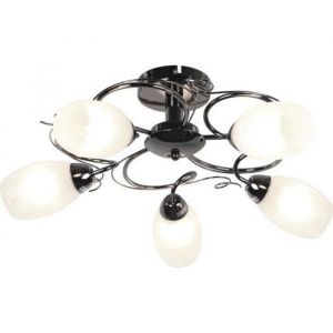 Lustre métal - MARQUE - 5 branches - Finition chromé noir - Verre craquelé blanc - Diamètre 50 cm