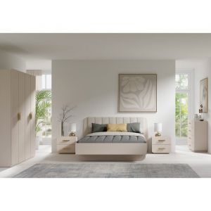 Chambre compl&egrave;te AMALIE lit 180x200 sommier inclus armoire avec &eacute;tag&egrave;res chambre beige design ensemble chambre adulte mobil