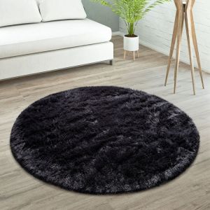 Tapis De Salon Poils Longs Fausse Fourrure Shaggy Moelleux Monochrome, Dimension:200 cm Rond, Couleur:Noir