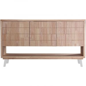 Pegane Console basse, meuble d'entrée, buffet en bois coloris chêne nordique, pieds en métal blanc - Longueur 153 x profondeur 40 x hauteur 88 cm -