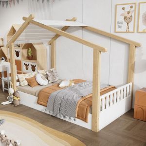 Lit cabane pour enfants 90x190cm - avec barri&egrave;res de s&eacute;curit&eacute; - avec sommier &agrave; lattes - conception de maison en rondins - Bois massif + MDF - Naturel